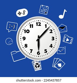 Computer time management poster. Online addiction methods. Gaming streaming chatting calling schedule. Digital health wasting. Vector illustration.