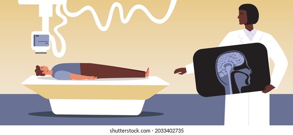 Tomograma computacional del cerebro, un paciente con un doctor. Ilustración de material vectorial plano. Tomograma computacional o RM. Examen tamográfico. Tamógrafo cerebral. Gráficos vectoriales