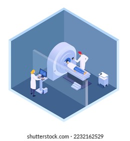 Computer tomography by scanner, scan test in hospital, vector illustration. Medical care in clinic, people doctor character make magnetic radiology