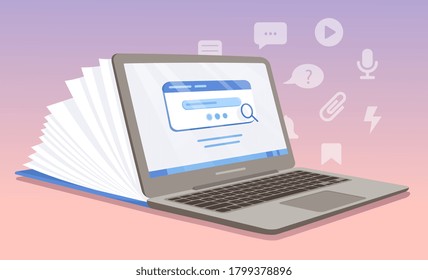 Computer as a tool for work, education and entertainment. Digital laptop depicted as a notebook with pages with floating communication and business icons, colored vector illustration