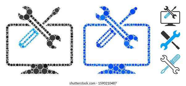 Computer tools composition of round dots in different sizes and color tints, based on computer tools icon. Vector round dots are grouped into blue composition.