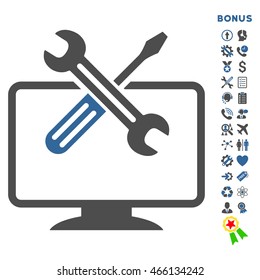 Computer Tools icon with bonus pictograms. Vector style is bicolor flat iconic symbol with rounded angles, cobalt and gray colors, white background.