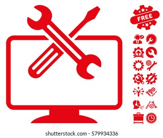 Computer Tools icon with bonus settings pictures. Vector illustration style is flat iconic red symbols on white background.