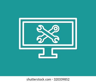 Computer and tools icon. Outline.
