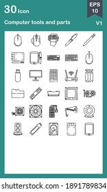 Die Computerwerkzeuge und Teile umreißen Symbol Vektorgrafik, Design ist für Symbole, Logos, Illustrationen, Aufkleber, Bücher, Cover, etc. geeignet.