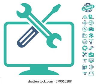 Computer Tools pictograph with bonus copter service icon set. Vector illustration style is flat iconic cobalt and cyan symbols on white background.