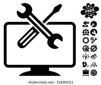 Computer Tools pictograph with bonus tools design elements. Vector illustration style is flat iconic black symbols on white background.