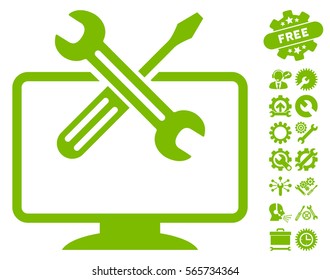 Computer Tools pictograph with bonus options images. Vector illustration style is flat iconic eco green symbols on white background.