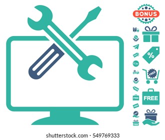 Computer Tools pictograph with free bonus icon set. Vector illustration style is flat iconic symbols, cobalt and cyan colors, white background.