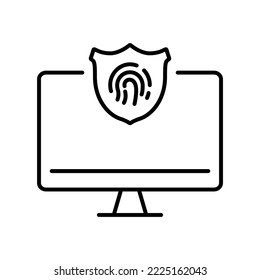 Computer with Touch ID Technology Line Icon. Password Screen, Security Access Pictogram. Fingerprint Identification, Shield on Display Protect Symbol. Editable Stroke. Isolated Vector Illustration.