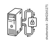 Computer tower connected to a padlock icon representing data encryption and network security.