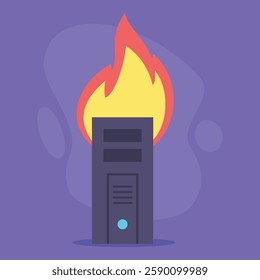 Computer tower engulfed in flames against purple background. Extreme energy consumption in cryptocurrency mining concept