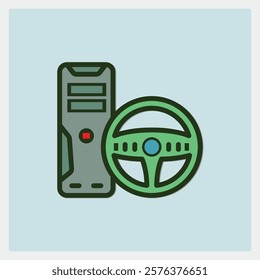 Computer tower and steering wheel gaming icon illustration in minimalist design style