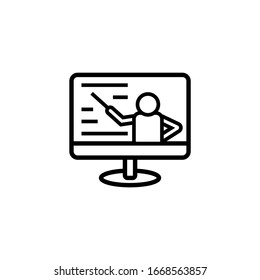 Computer training vector icon in linear, outline icon isolated on white background