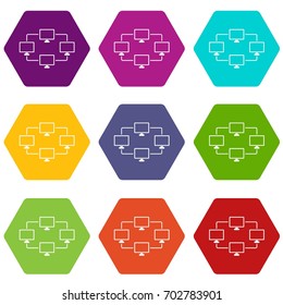 Computer transmission information icon set many color hexahedron isolated on white vector illustration
