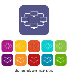 Computer transmission information icons set vector illustration in flat style In colors red, blue, green and other