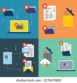 Computer, trash digital, documents and cloud computing icons. Concepts of delete folder, trash digital, destroy data and cloud computing trash. Flat design icons in vector illustration.