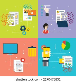 Computer, trash digital, documents and cloud computing icons. Concepts of deleting files, delete documents, computer trash and smartphone data destroy. Flat design icons in vector illustration.