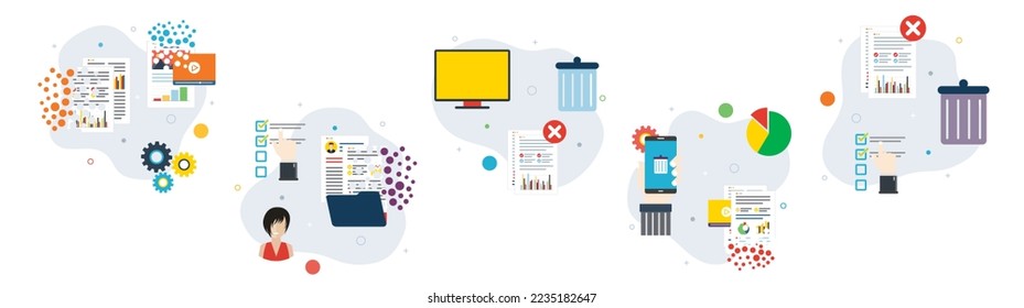 Iconos informatizados, digitales de basura, de documentos y de computación en nube. Conceptos de eliminación de archivos, eliminación de documentos, destrucción de datos de computadoras y smartphone. Iconos planos de diseño en ilustración vectorial.