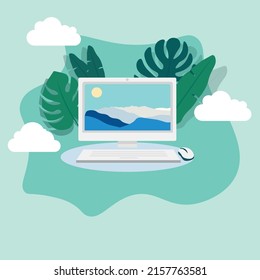 Computer, tropische Blätter und Wolken auf grünem Hintergrund