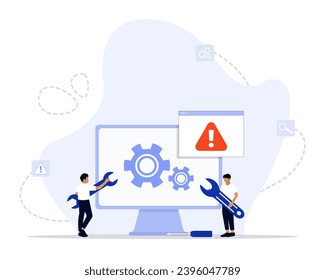 Ilustración vectorial de concepto de resolución de problemas por computadora. Guía básica de problemas de corrección, comprobación del sistema operativo, instalación de software nuevo, metáfora abstracta de problemas de red, restauración de datos.