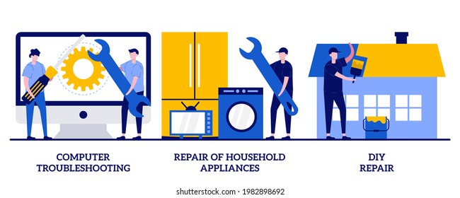 Solución de problemas de computadoras, reparación de bricolaje del concepto de electrodomésticos con gente pequeña. Conjunto de ilustraciones vectoriales abstractas de servicios de reparación y mantenimiento. Garantía, tutorial de vídeo, metáfora de corrección de problemas.