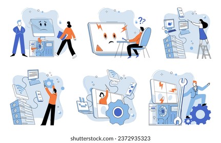 Computer troubleshooting. Vector illustration. The computer troubleshooting concept emphasizes systematic approach to problem-solving Technicians specialize in correction and improvement computer