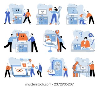 Computer troubleshooting. Vector illustration. The computer troubleshooting metaphor represents intricate nature problem-solving in computer systems Technicians are skilled in renovation