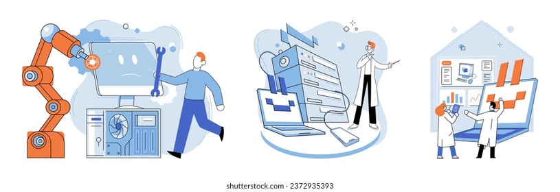 Computer troubleshooting. Vector illustration. The computer troubleshooting metaphor compares process to solving complex puzzle Technicians troubleshoot and repair computer problems efficiently