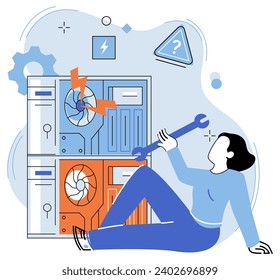 Computer troubleshooting. Vector illustration. Technicians are skilled in renovation and restoration computers The renewal process involves computer troubleshooting and adjustment Fixing computer