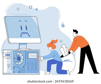 Computer troubleshooting. Vector illustration. Technicians provide technical assistance in computer troubleshooting Troubleshooting software issues is crucial part computer repair