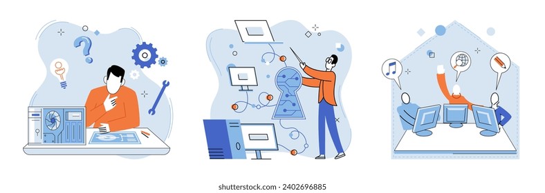 Computer troubleshooting. Vector illustration. Working with computers requires regular maintenance and troubleshooting Engineering plays vital role in technology and technological advancements
