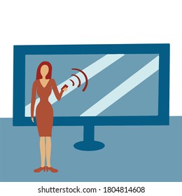 Computer-TV-Kommunikation. Laptop-Bildschirm. Frauen fängt die Verbindung mit Remote-Controller, verwendet Wi-Fi, das Internet. Medienkonzept. Blau-braunes bunter Bild. Online-News ankündigen.