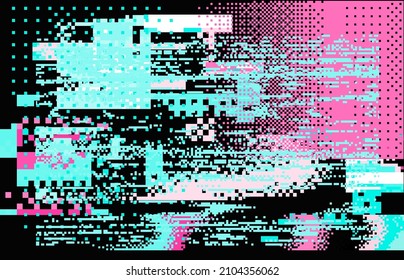 Computer or TV screen with glitched distorted pixels. Retro VHS background.