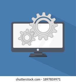 computer with two gray gears on a blue background. computer technology concept. Flat icon with long shadow. Vector stock illustration