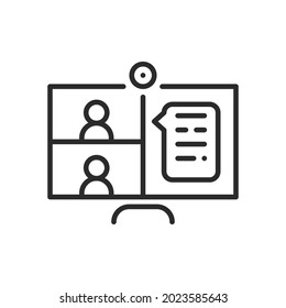 Computer with two people conferencing and chatting, online meeting line icon isolated. Video conference concept. Distance work and learning. Vector element. Laptop, computer, chatting, conferencing