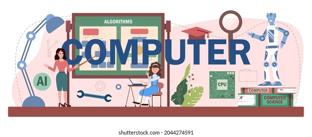Computer typographic header. Students learning about algorithms, ai and computers, scripts and data structure. IT education and technology. Flat vector illustration.