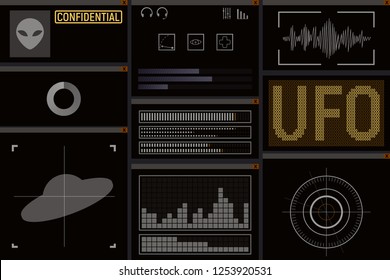 Computer UFO design. The user interface of the spacecraft. Vector illustration.