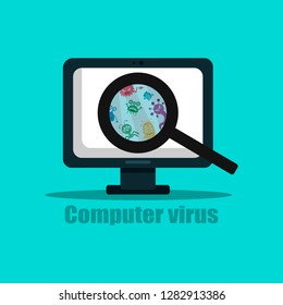 Computer under the threat of a virus, viruses under a magnifying glass, search for computer errors. Vector illustration.