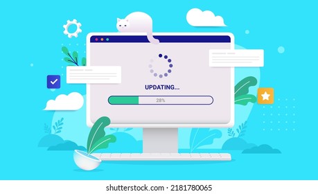 Computer Update - Desktop PC Screen With Load Bar And Loading Wheel Waiting To Be Updated. Vector Illustration