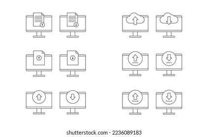 Equipo, carga y descarga de iconos diseño vectorial de línea de iconos, nube, documento, carga de flecha y descarga conjunto de líneas de iconos vectoriales