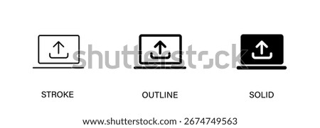 Computer upload icons for technology, laptop, data, devices, ui design. Vector stroke, outline and solid icons. EPS10.