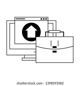 computer with upload sign and briefcase in black and white