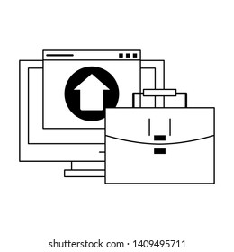 computer with upload sign and briefcase icon cartoon vector illustration graphic design