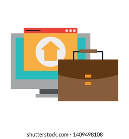 computer with upload sign and briefcase icon cartoon vector illustration graphic design