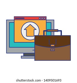 computer with upload sign and briefcase icon cartoon vector illustration graphic design