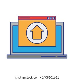 computer with upload sign icon cartoon vector illustration graphic design