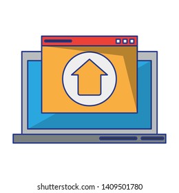 computer with upload sign icon cartoon vector illustration graphic design