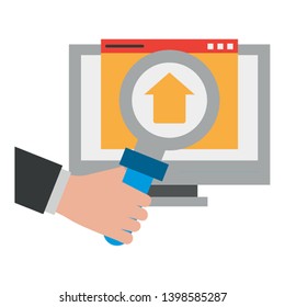 computer with upload sign and magnifying glass