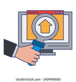 computer with upload sign and magnifying glass icon cartoon vector illustration graphic design